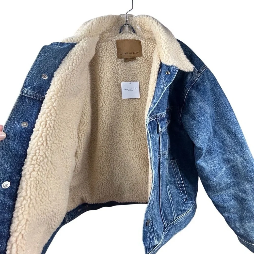 American Eagle Men's Sherpa Lined Denim Trucker Jacket Blue‎ Size M